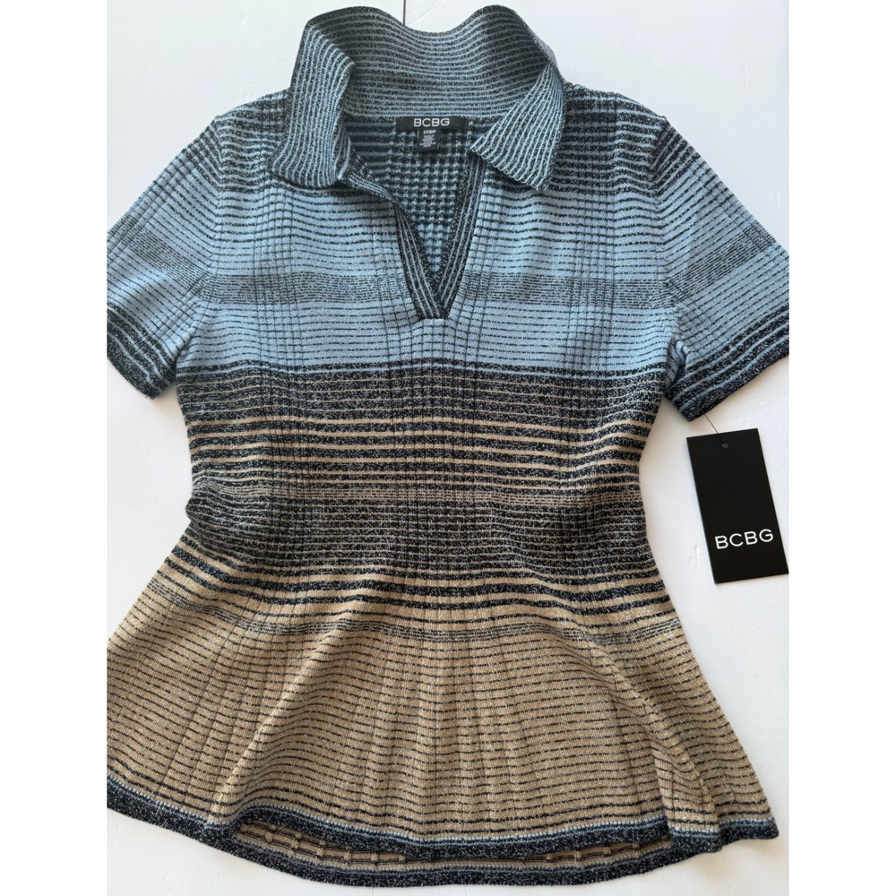 BCBG Metallic Ombre Knit Polo Top Blue Tan Striped Ribbed Short Sleeve Small NEW